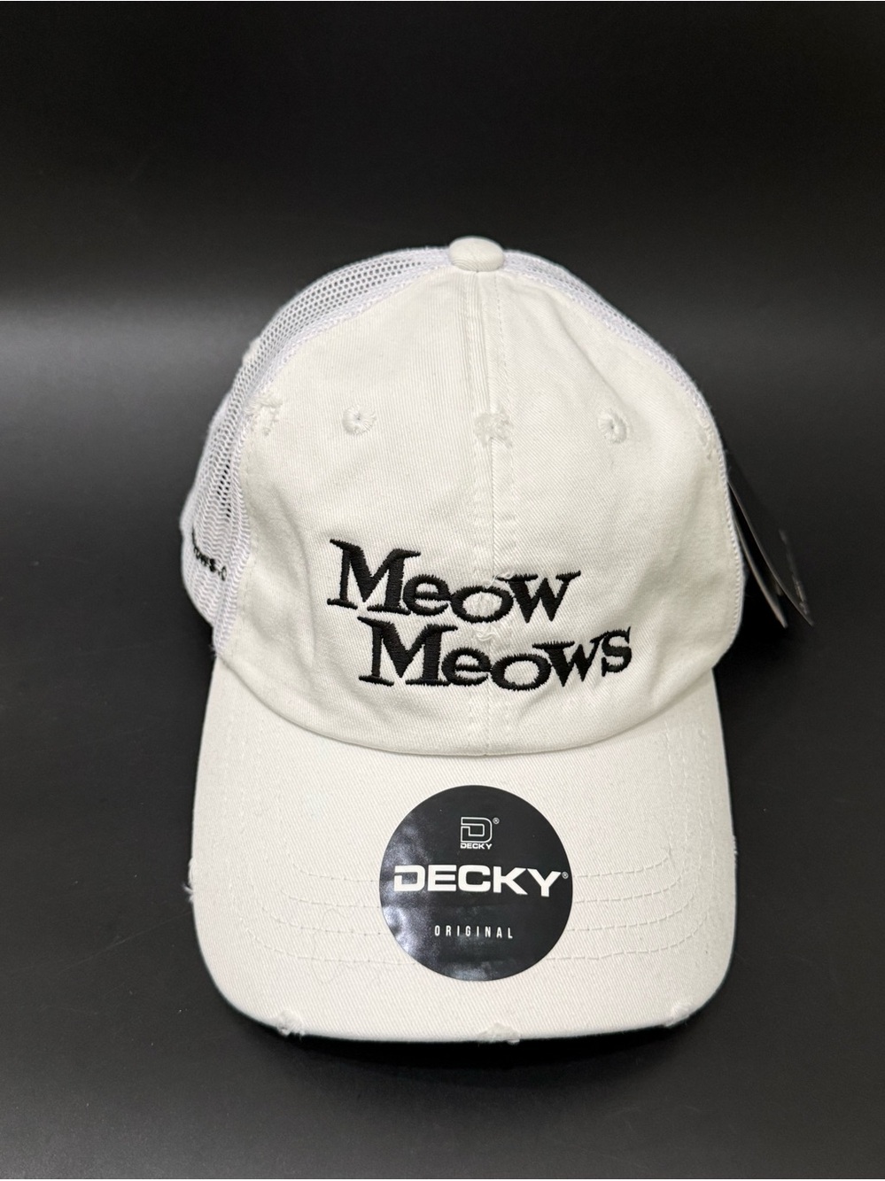 DECKY Meow Meows White Distressed Trucker Hat Mesh Back Unisex Cap NWT